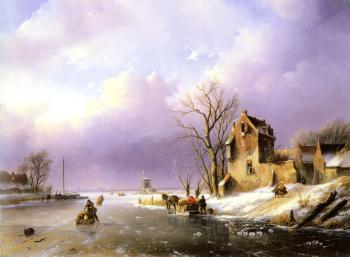 Jan Jacob Coenraad Spohler : Winter landscape With Figures On A Frozen River